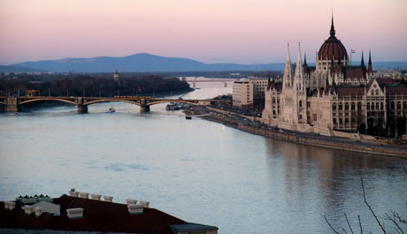 The Hungarian Parliament Building, Margaret Island and the Margaret Bridge over the Danube river, viewed from the front of Buda Castle