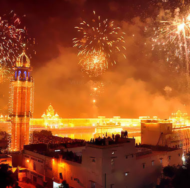 The night sky lit by Diwali fireworks and lights over the city of India