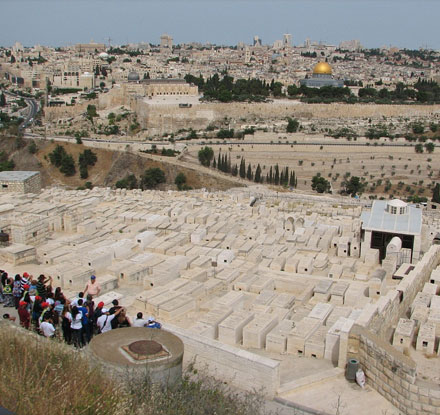 View of the Jewish Cemetary from the top of Mount Olives towards the Old City of Jerusalem and the Temple Mount